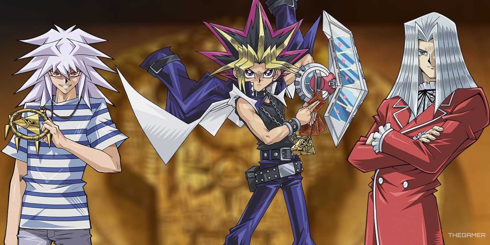 Which Yu-Gi-Oh! Anime Rival Has The Best Signature Card? 10 A collage of characters from the Yu-Gi-Oh! Anime who wield Millennium Items including Yugi, Bakura, and Pegasus.