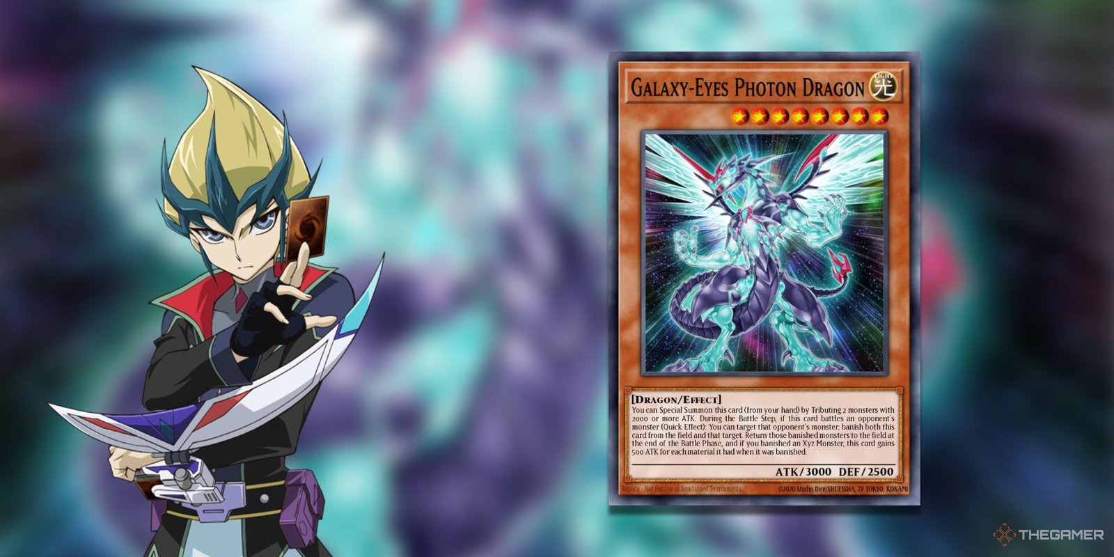 Kite Tenjo next to Galaxy-Eyes Photon Dragon from Yu-Gi-Oh! Zexal.