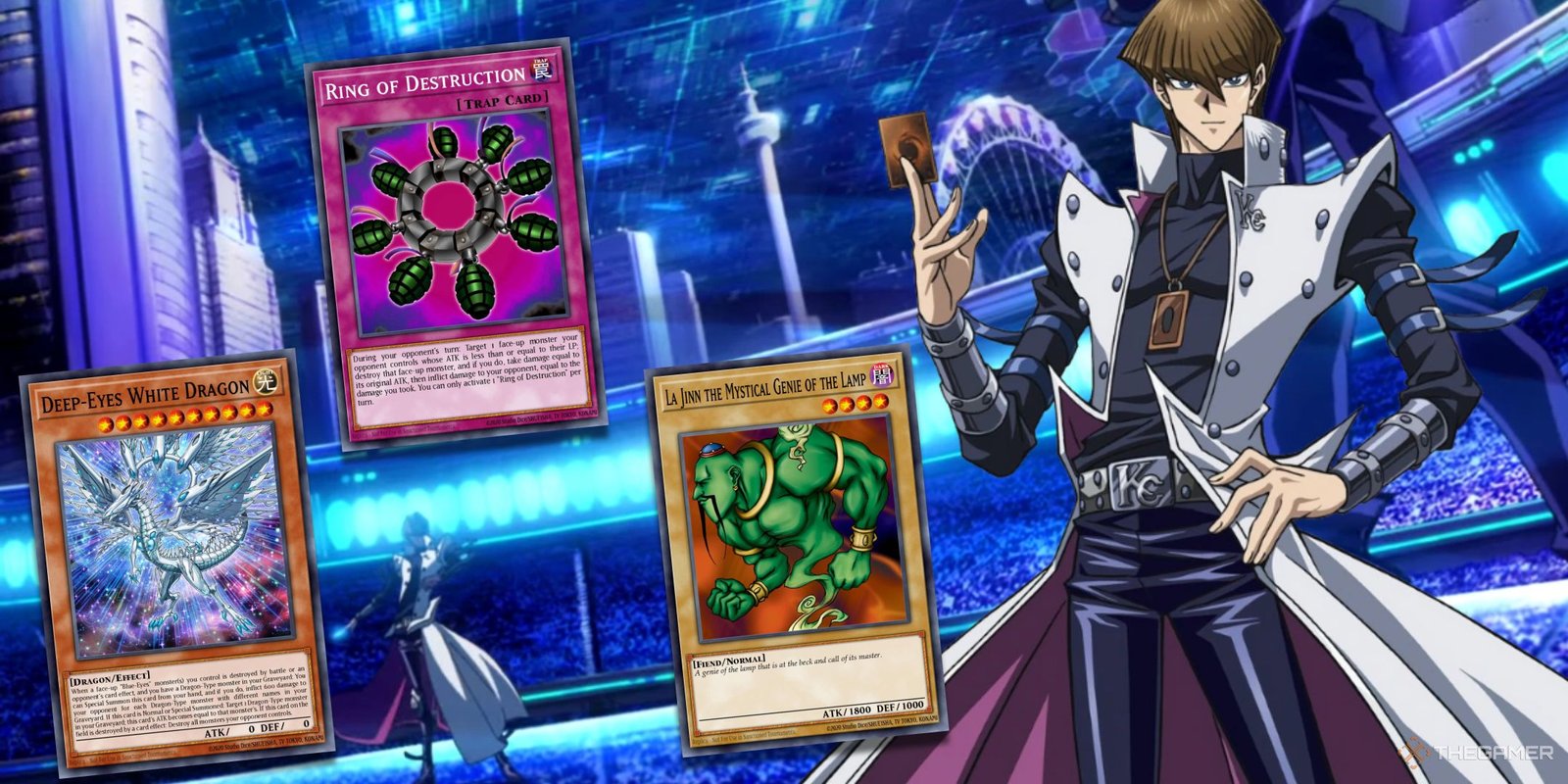 Which Yu-Gi-Oh! Anime Rival Has The Best Signature Card? 13 Seto Kaiba next to some of his best cards from the Yu-Gi-Oh! anime.
