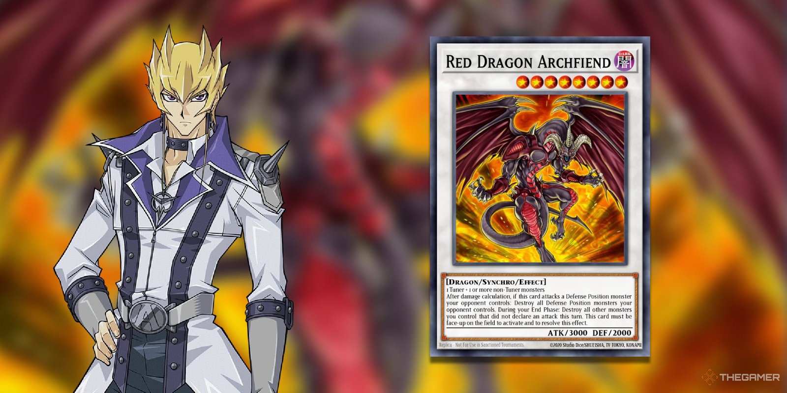 Jack Atlas next to Red Dragon Archfiend from Yu-Gi-Oh! 5Ds.