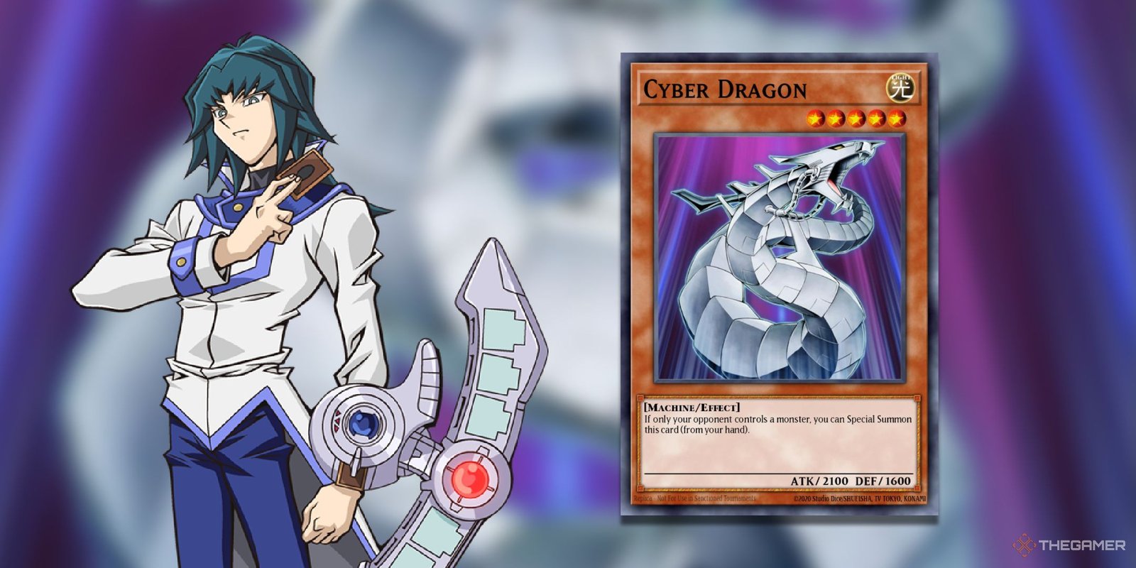 Zane Trusdale next to a copy of Cyber Dragon from Yu-Gi-Oh! GX.