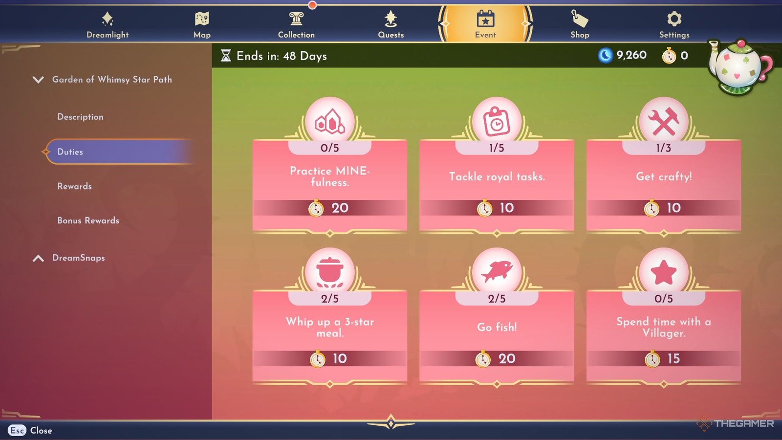 Garden of Whimsy duty menu.