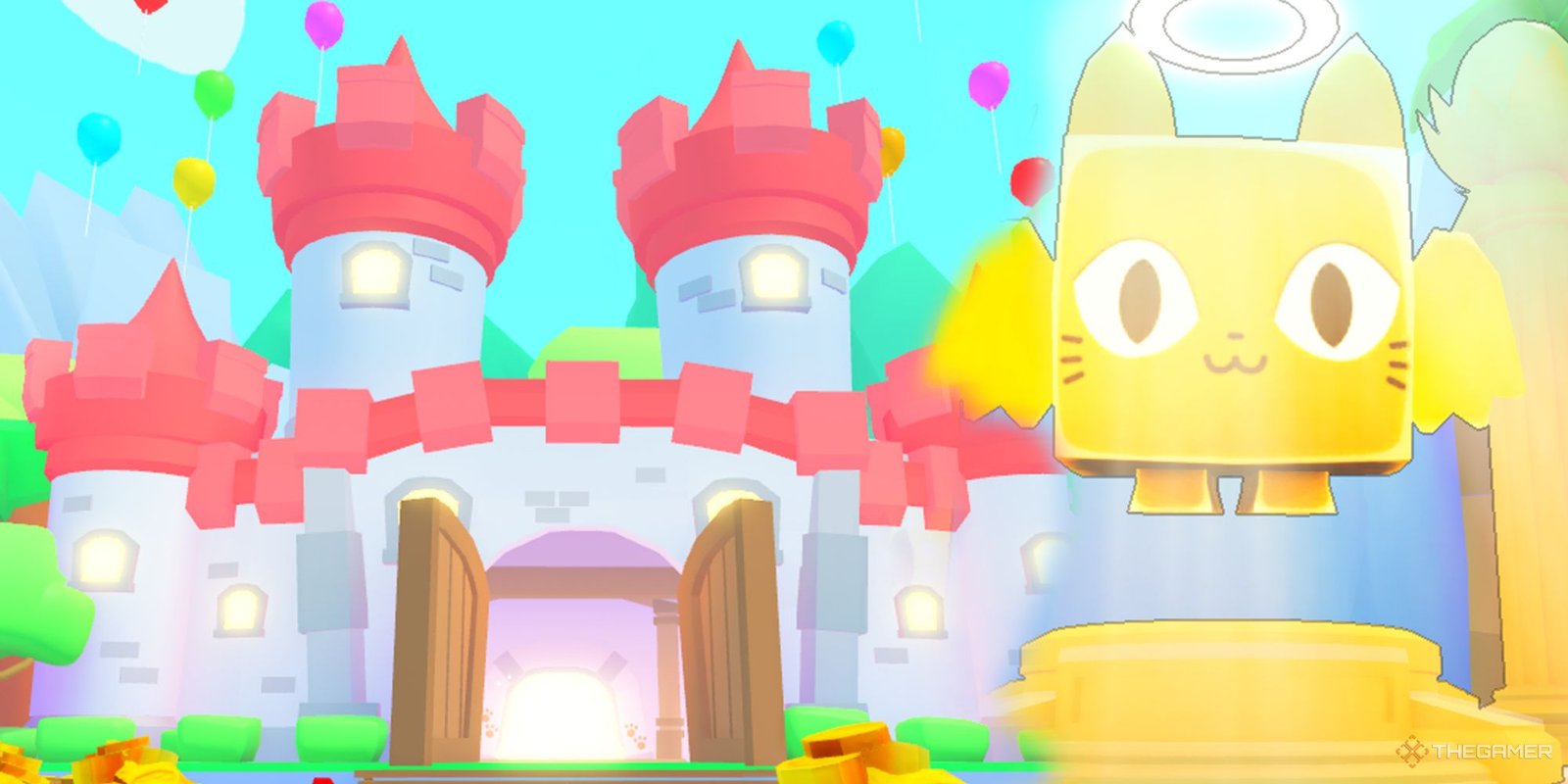 Every Flag In Pet Simulator 99 On Roblox Ranked 8 The castle (left) and first rebirth statue, a giant, angelic cat (right) in Pet Simulator 99.
