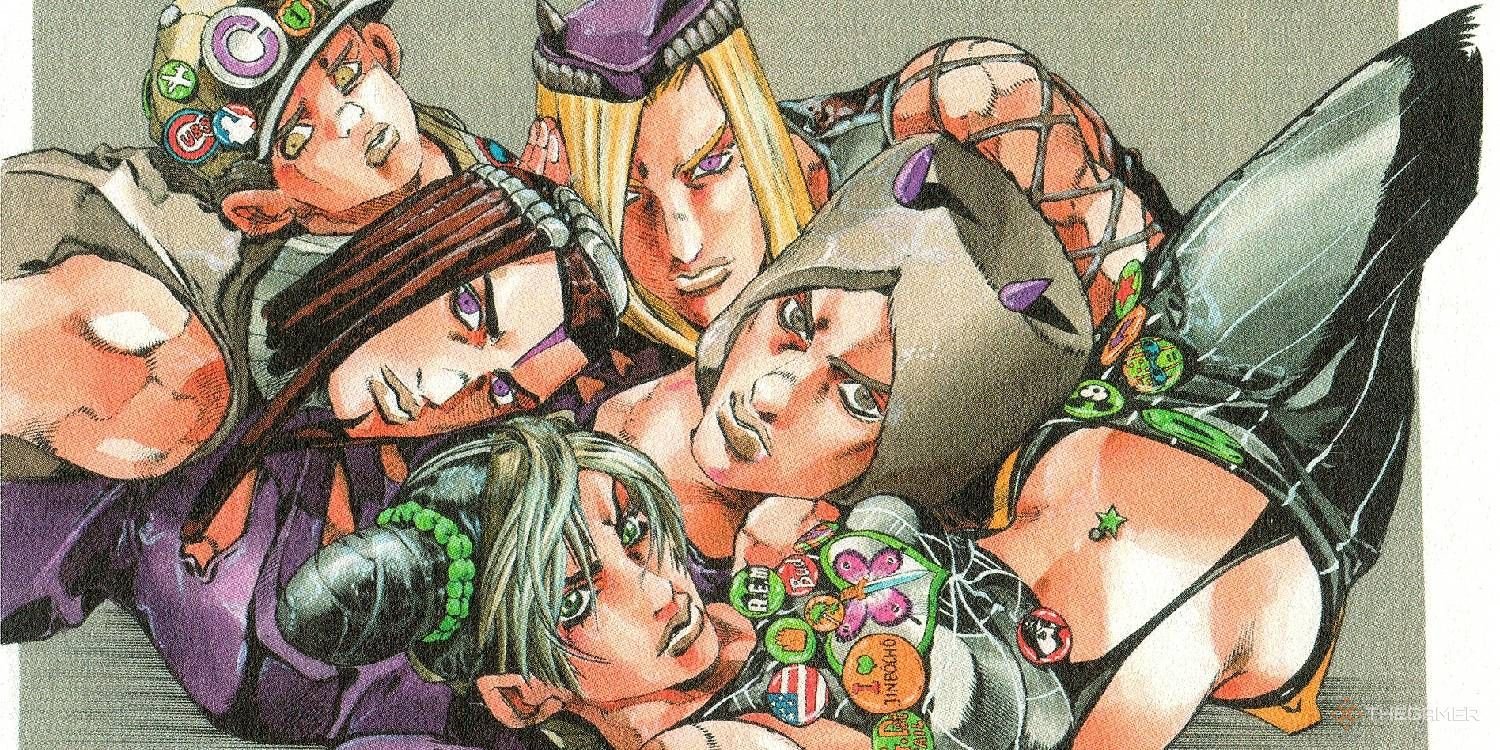 The Best Short Manga To Read 5 Jolyne, Ermes, Weather Report, Anasui, and Emporio's pose from Jojo's Bizarre Adventure Stone Ocean.