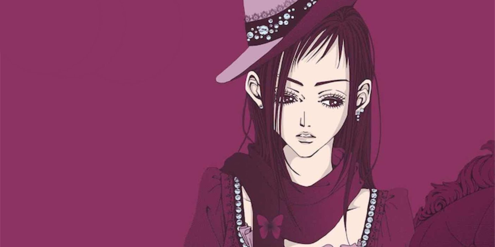 Yukari from Paradise Kiss on a magenta background.