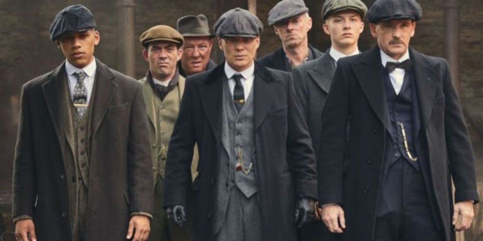 Tommy Shelby joined by brothers John and Arthur Shelby, along with other various members of the Peaky Blinders crew.