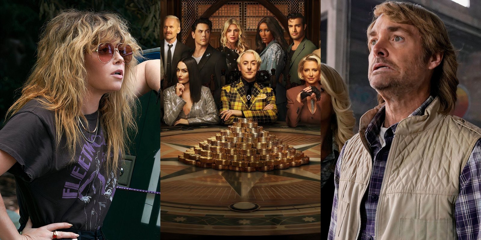 You Should Watch The Best Shows About Gangsters, Capiche? 7 Charlie Cale leans against a vehicle, Alan Cumming sits at a table surrounded by reality TV stars, MacGruber stands with his mouth open.-1
