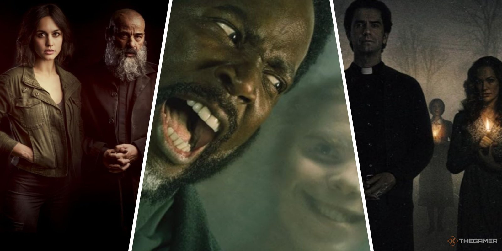 You Should Watch The Best Shows About Gangsters, Capiche? 14 Three-image collage of Elena and Father Vergara from 30 Coins, Sheriff Boyd Screaming In Terror From A Smiley Creature from From, and Father Paul and Erin on the main art for Netflix's Midnight Mass.