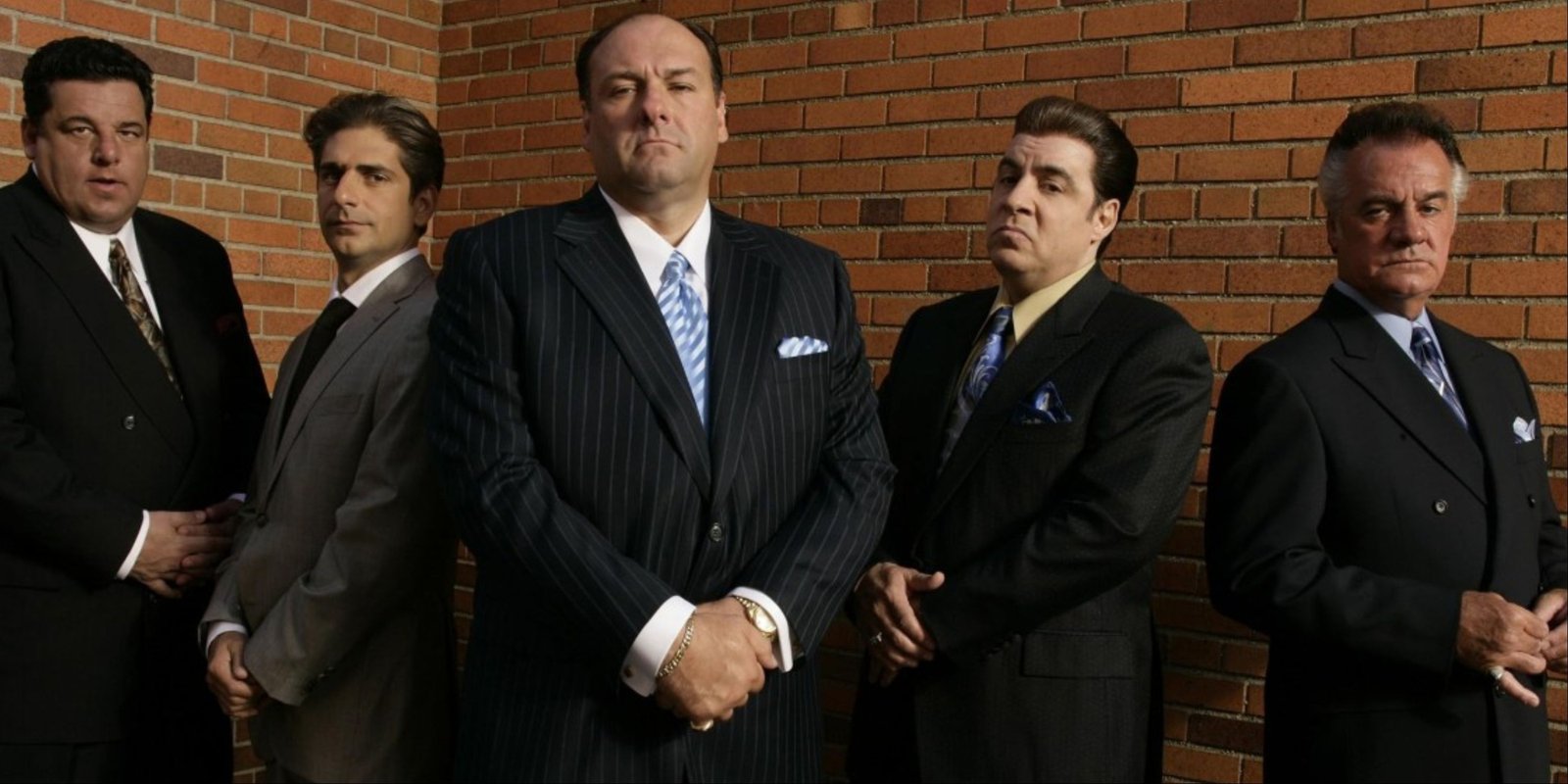 Bobby, Christopher Moltisanti, Tony Soprano, Silvio, and Paulie posing together for The Sopranos.