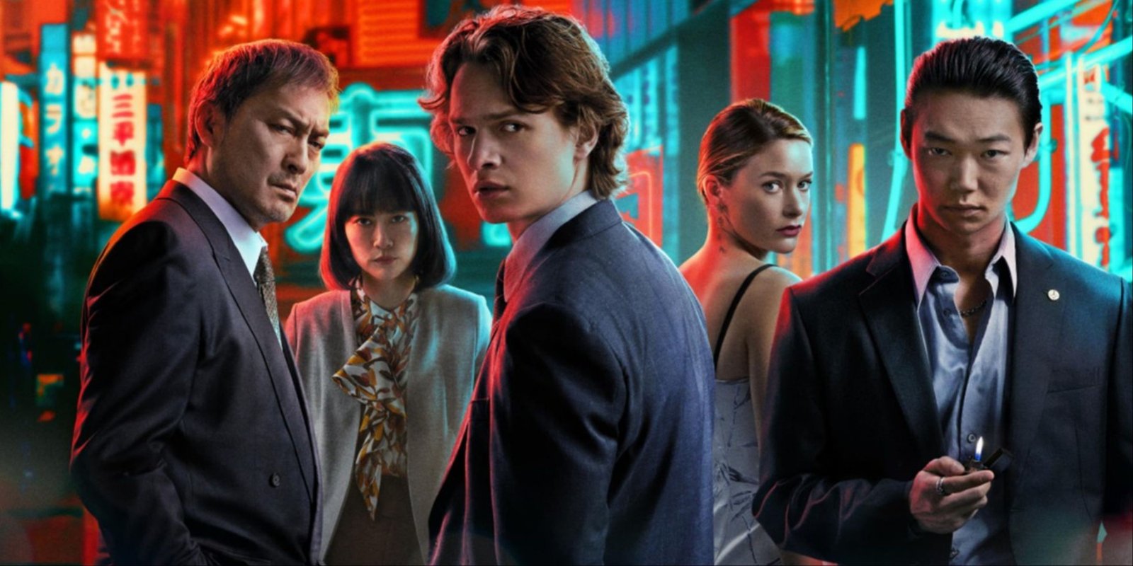 Ansel Elgort, Ken Watanabe, Rachel Keller, Shô Kasamatsu, and Rinko Kikuchi on the main art for HBO's Tokyo Vice.