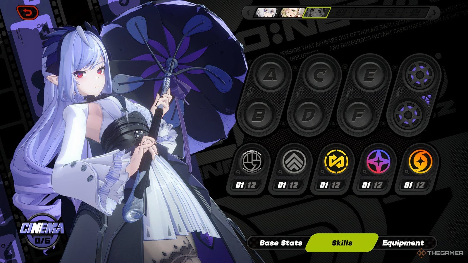 Vivian standing while holding her umbrella in her skill display screen in Zenless Zone Zero.