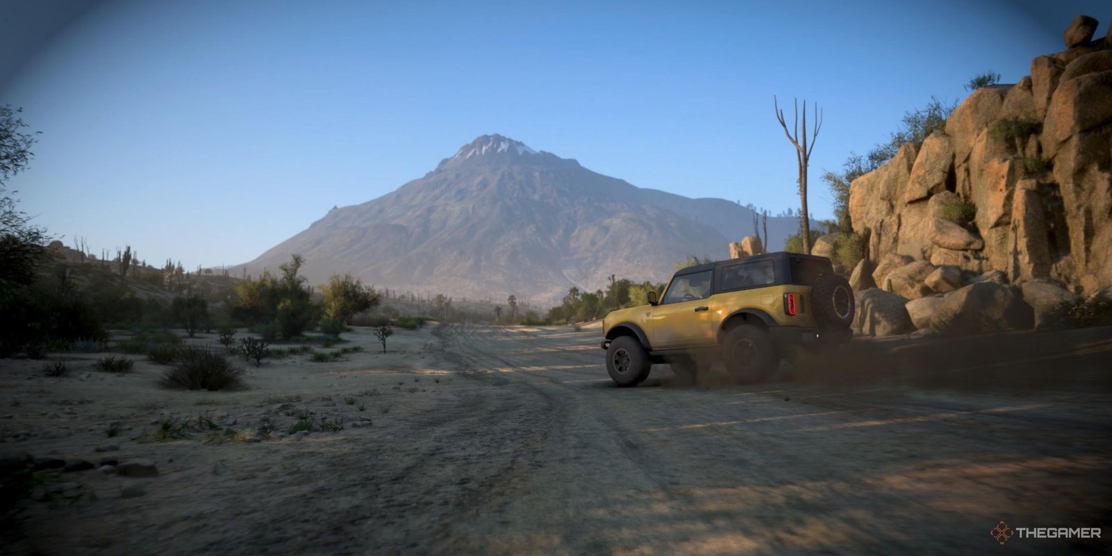 Forza Horizon 5 car drifting in dirt with volcano