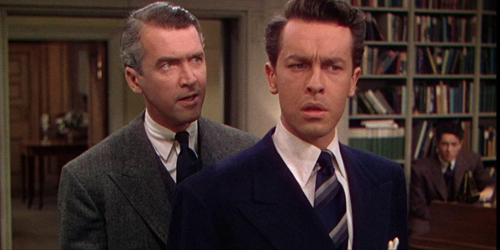 James Stewart's character telling something to John Dall's character in Alfred Hitchcock's Rope.