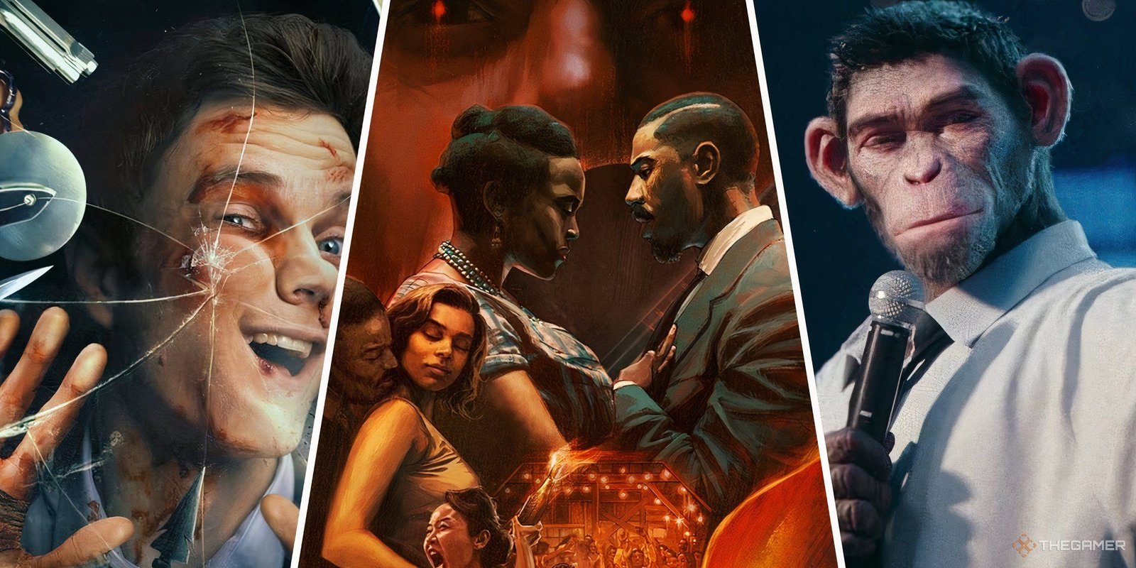 These Movies Will Shock For Being Made In Just One Shot 7 Best Genre-Bending Movies Feature Image with art from Novocaine, Sinners, and Robbie Williams as a CGI ape in Better Man.
