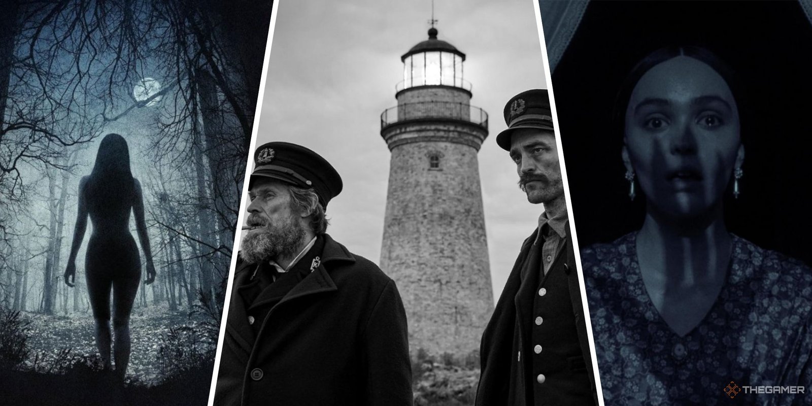 All The Horror Movies Produced By Radio Silence 4 Three-image collage of the main art for Robert Eggers' The Witch, The Lighthouse, and Nosferatu.