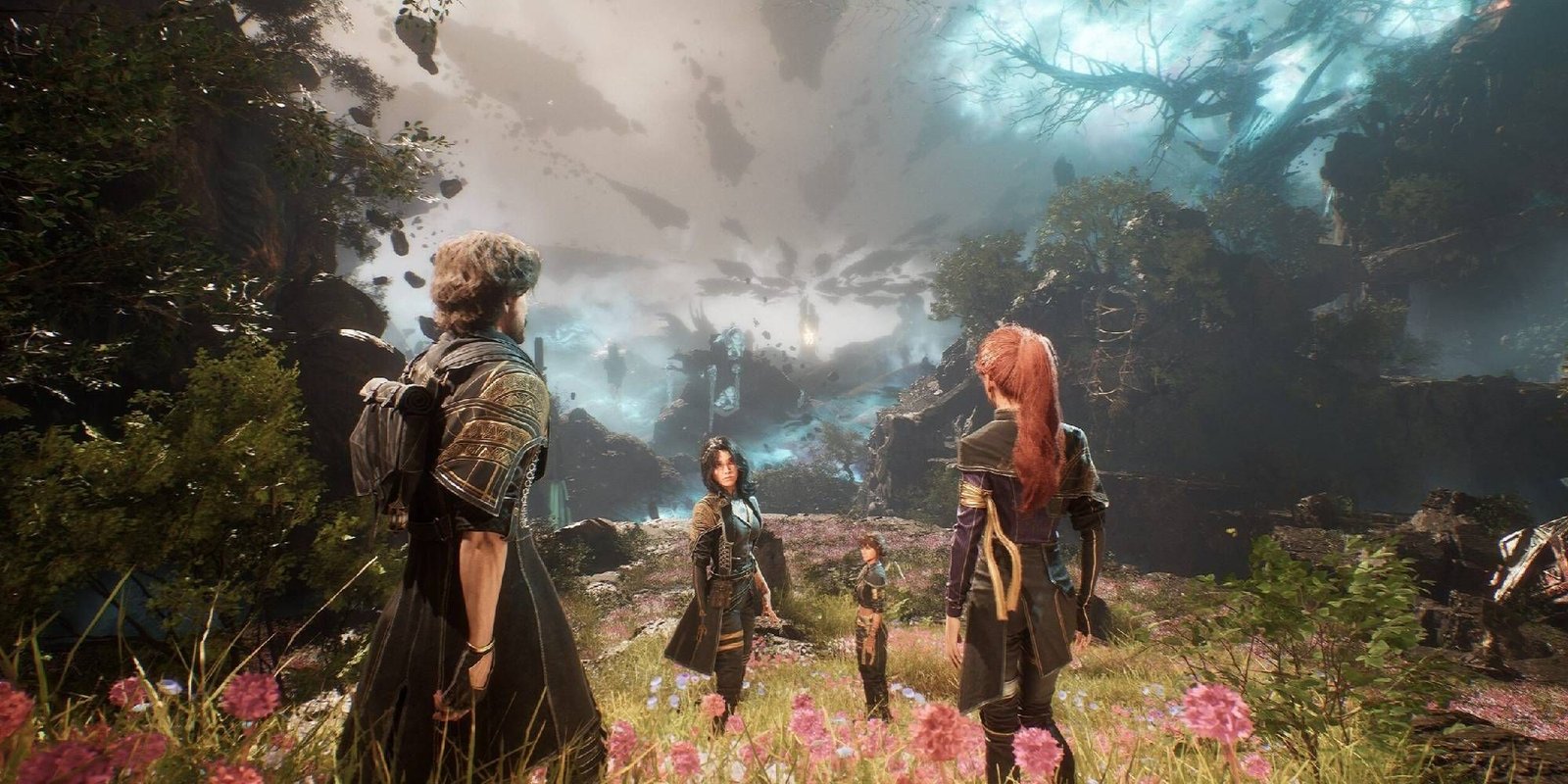 Four people standing on a cliff looking at each other in Clair Obscur: Expedition 33.