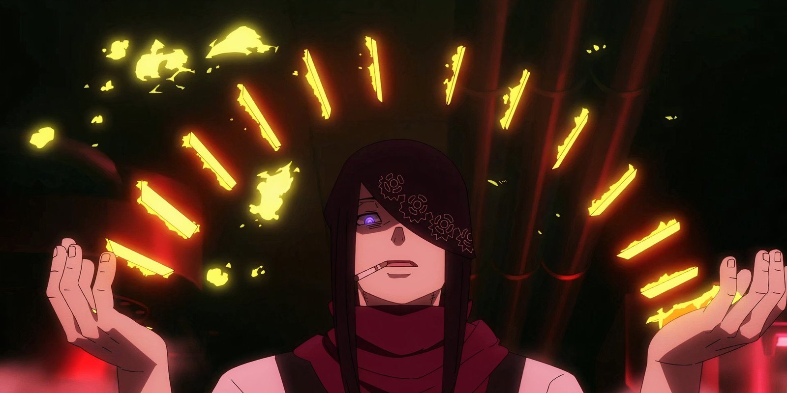 Joker shuffles his fired up deck above his head while smoking a cigarette in Fire Force.