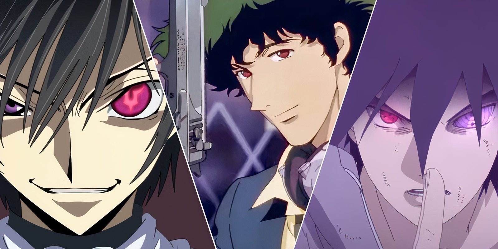 The Best Characters In Fire Force 7 A collage showing the faces of Lelouch Lamperouge, Spike Speigal, and Sasuke Uchiha.