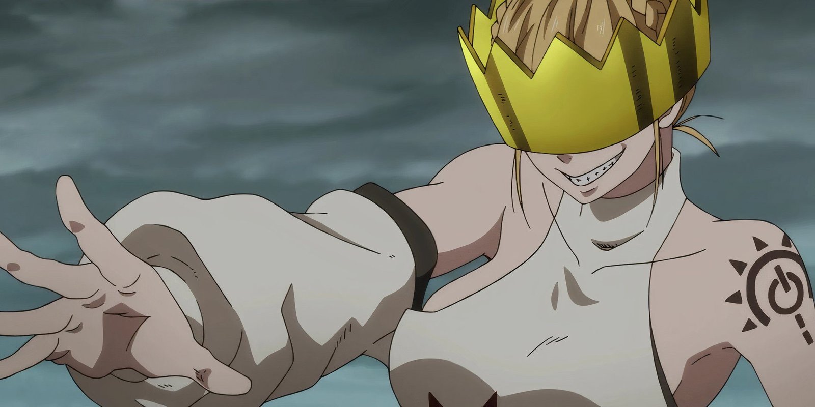 Haumea holds her right hand out in preparation to cast a spell in Fire Force.