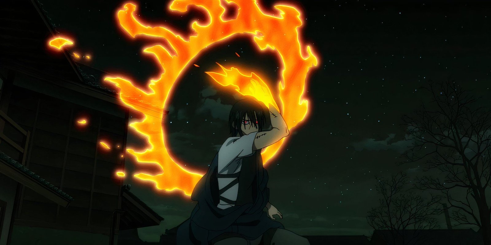 Benimaru Shinmon covers his arm in fire while having his Sun Wheel burning behind him in Fire Force.
