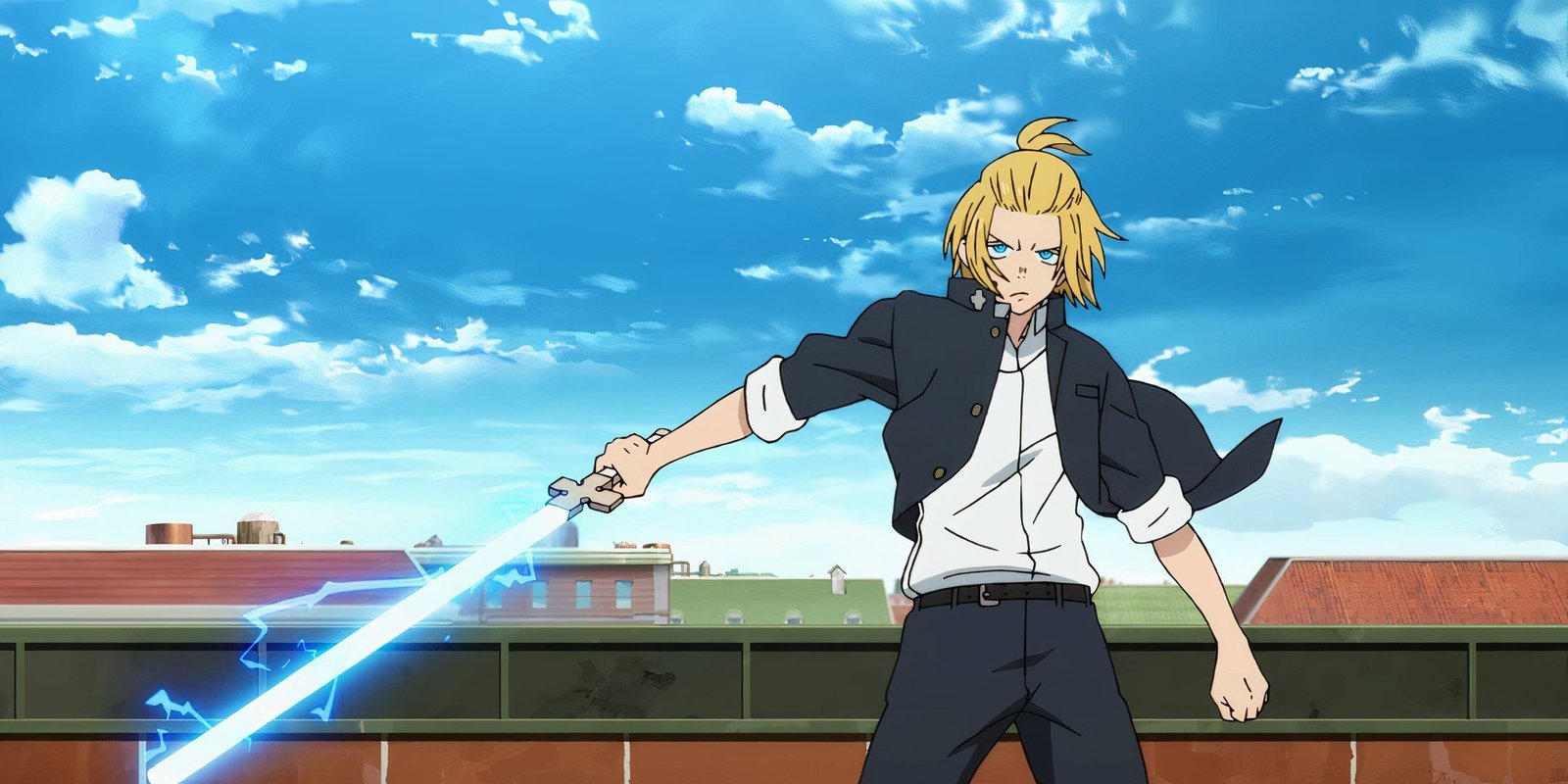Arthur Boyle prepares to attack with his electrified sword in Fire Force.
