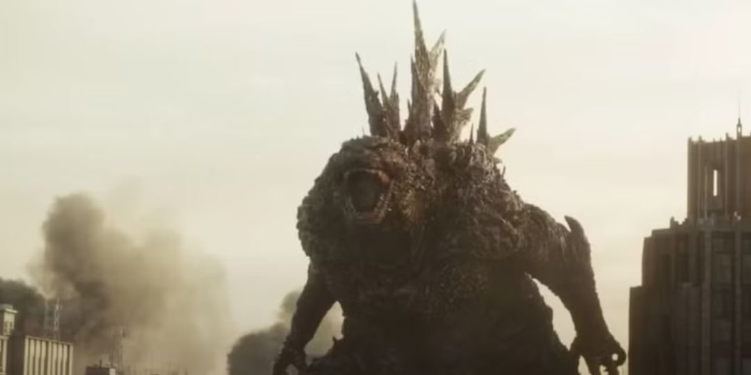 Godzilla, with lots of spikes on his back, menaces the city
