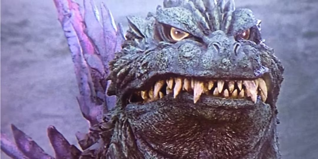 A purple Godzilla stands against a purple background