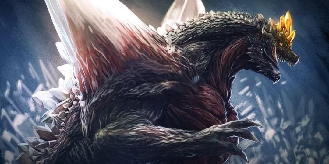 A Godzilla covered in crystals roars