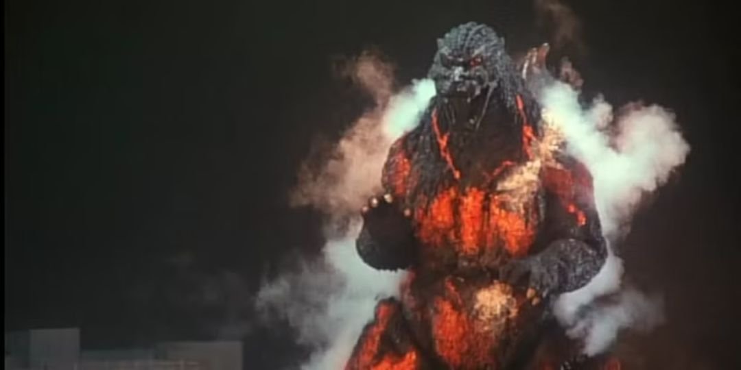 A Godzilla that is on fire comes to attack