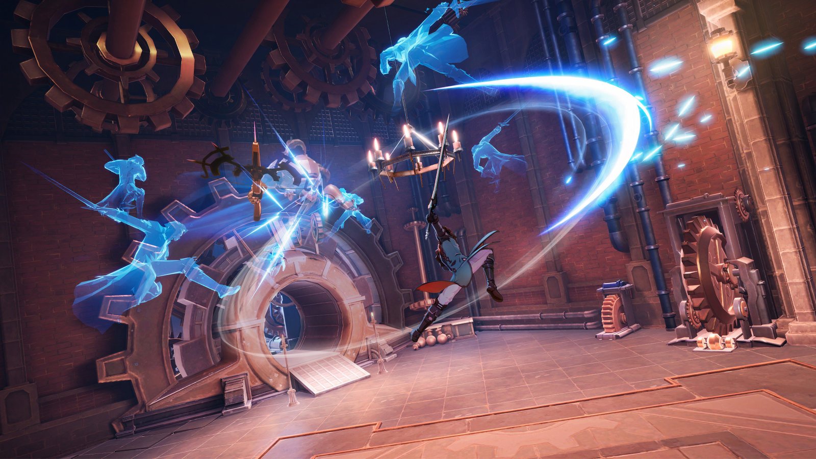 A character performs a flashy combo against a mech in Crystal of Atlan.