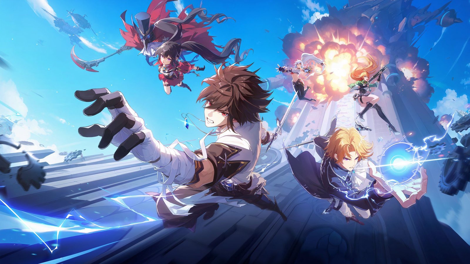 Key art of several characters in crystal of Atlan falling out of an exploding building.