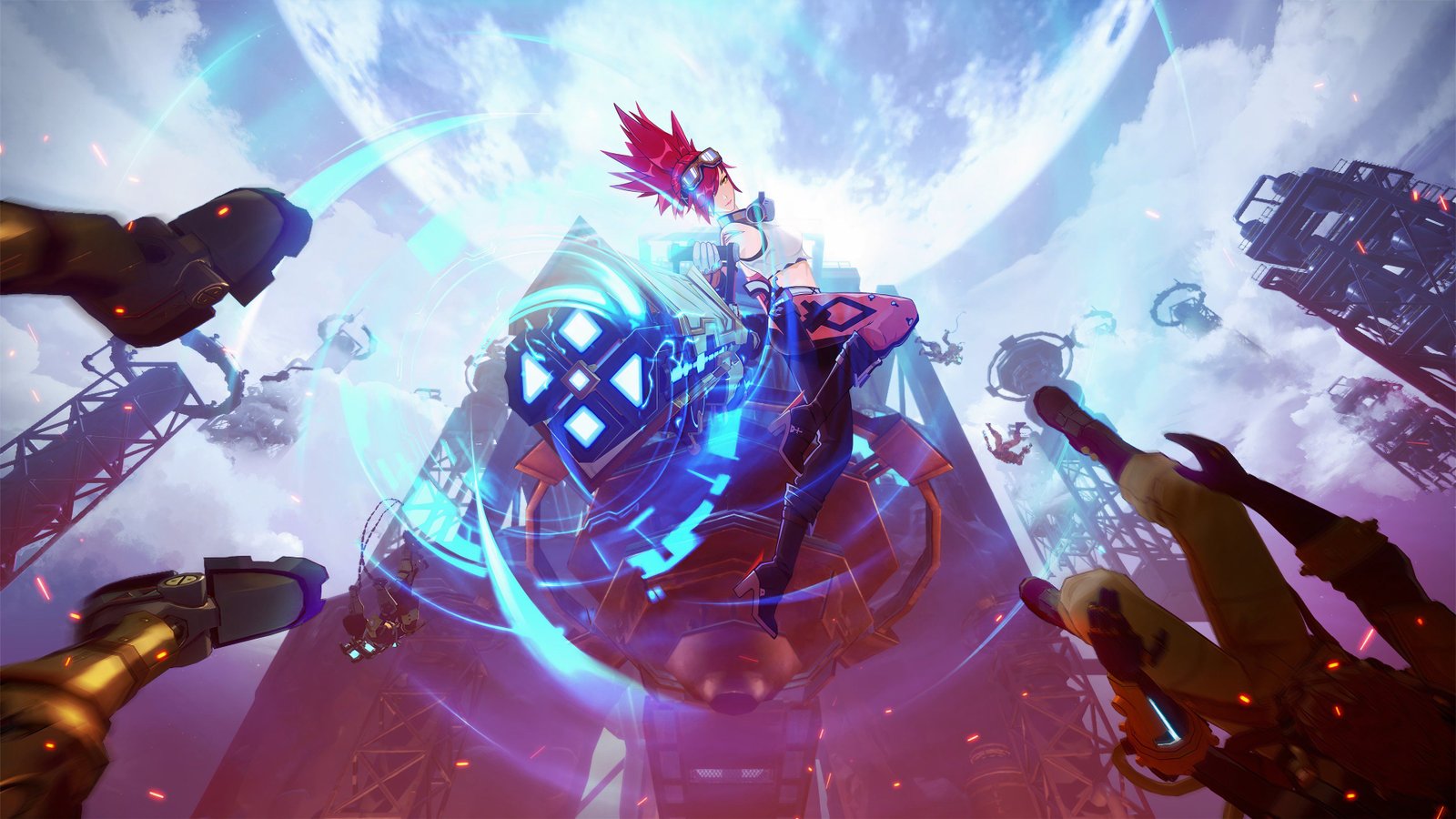 A gun wielding character aims and shoots while jumping in the sky from Crystal of Atlan.