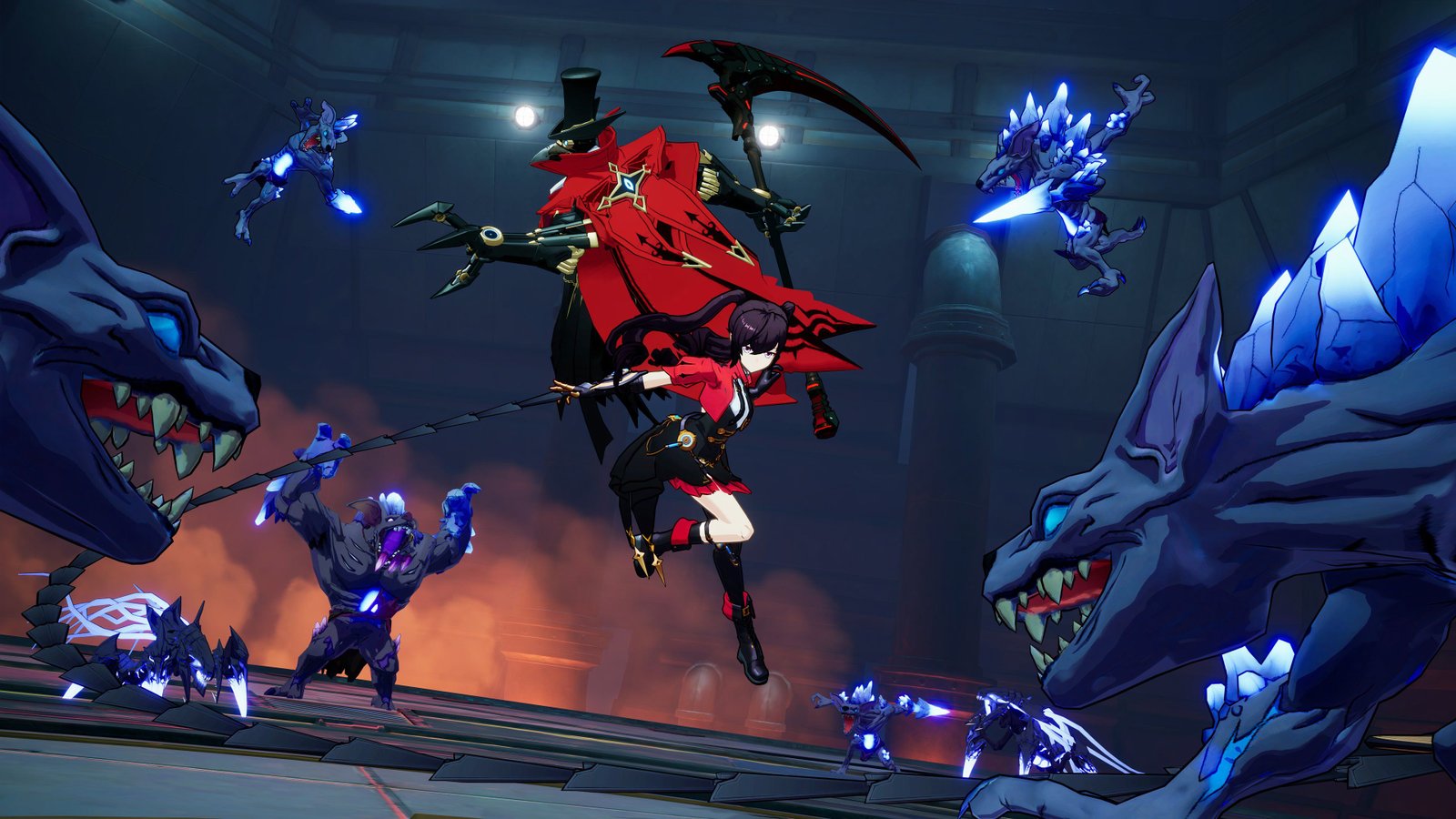 A puppeteer character and her puppet fighting a pack of wolves in Crystal of Atlan.