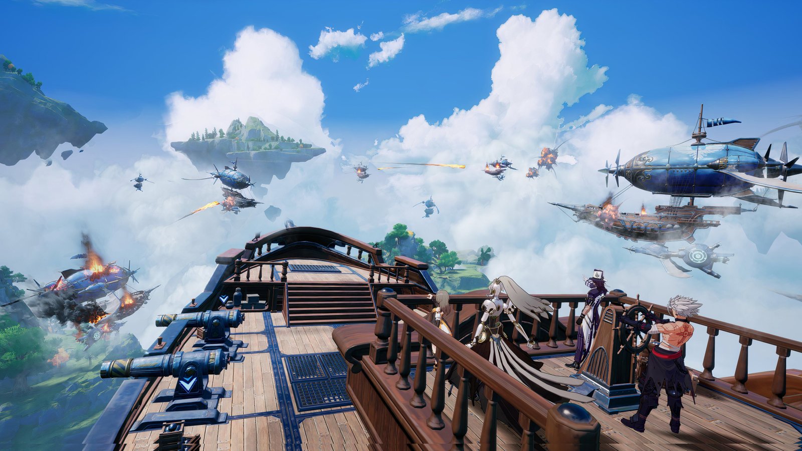 Characters from Crystal of Atlan navigate a ship through the skies.
