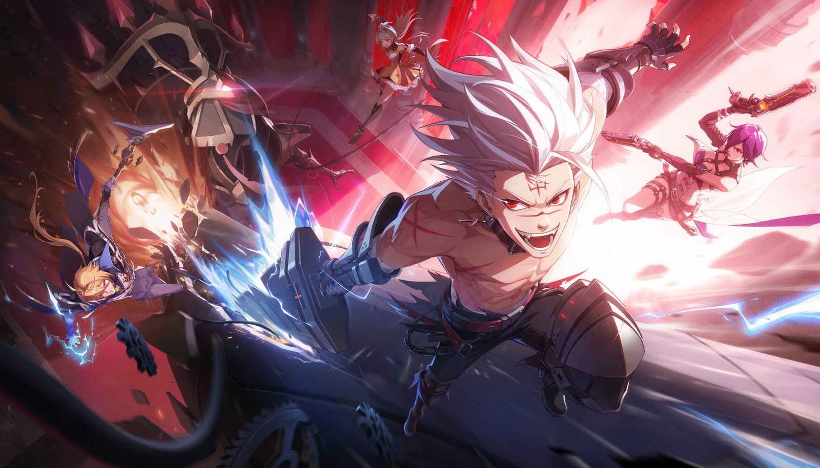 key visual art of the Crystal of Atlan characters rushing toward the screen brandishing their weapons. 