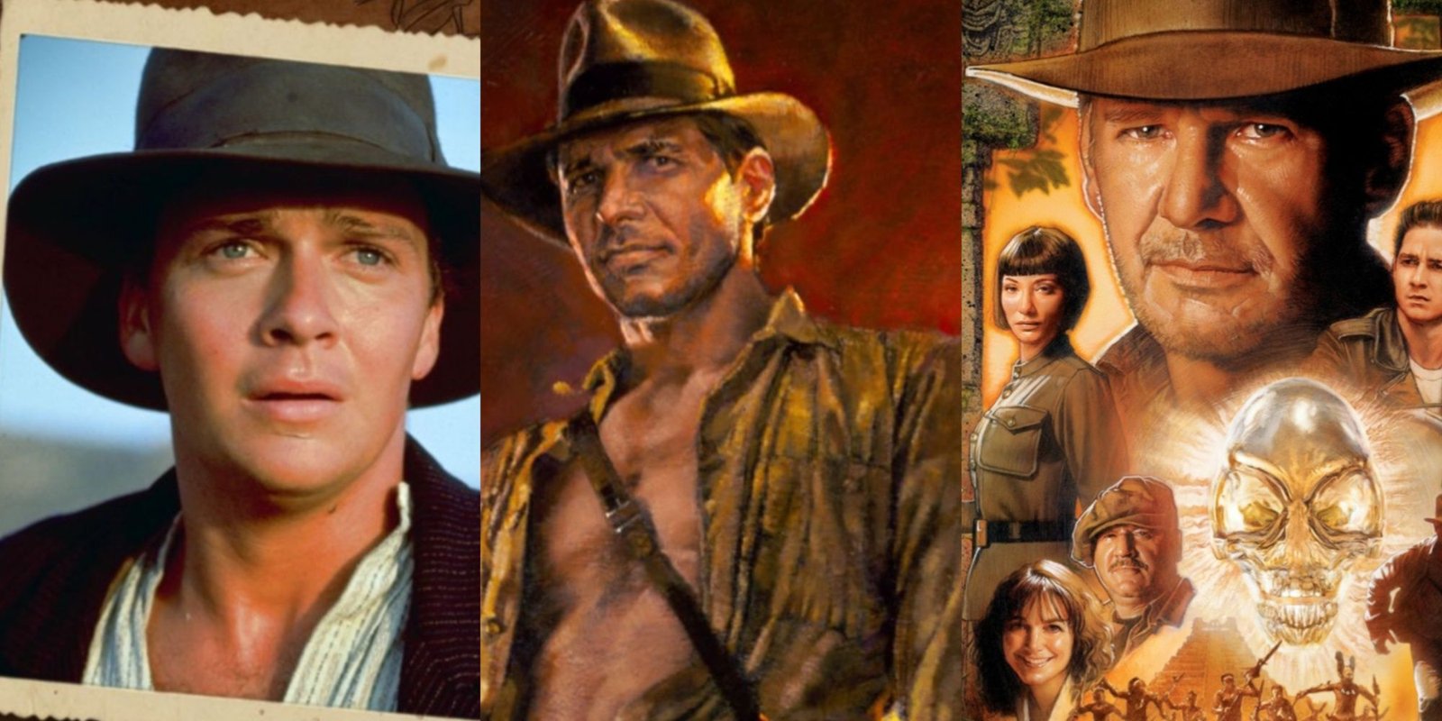 10 Movies With The Biggest Budgets To Date 5 Three-image collage of Sean Patrick Flanery as Young Indiana Jones in The Adventures of Young Indiana Jones, Harrison Ford's Indiana Jones on the cover of Temple of Doom, and Kingdom of the Crystal Skull's cover art with all the characters.