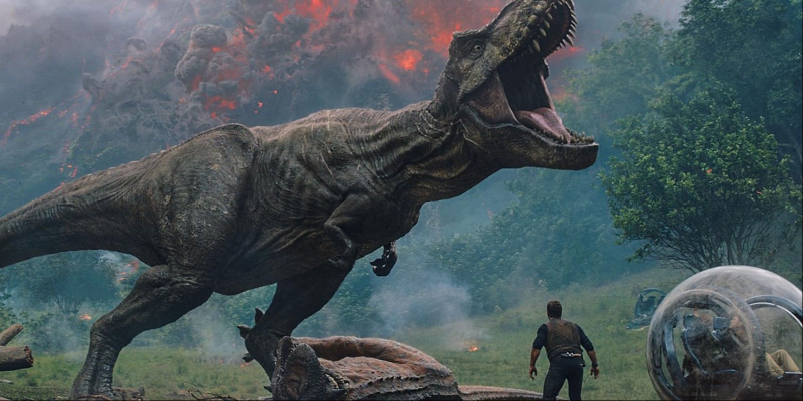 Chris Pratt's Owen Grady looking up at a T-rex after it took down another dinosaur as the island's volcano erupts in Jurassic World Fallen Kingdom.