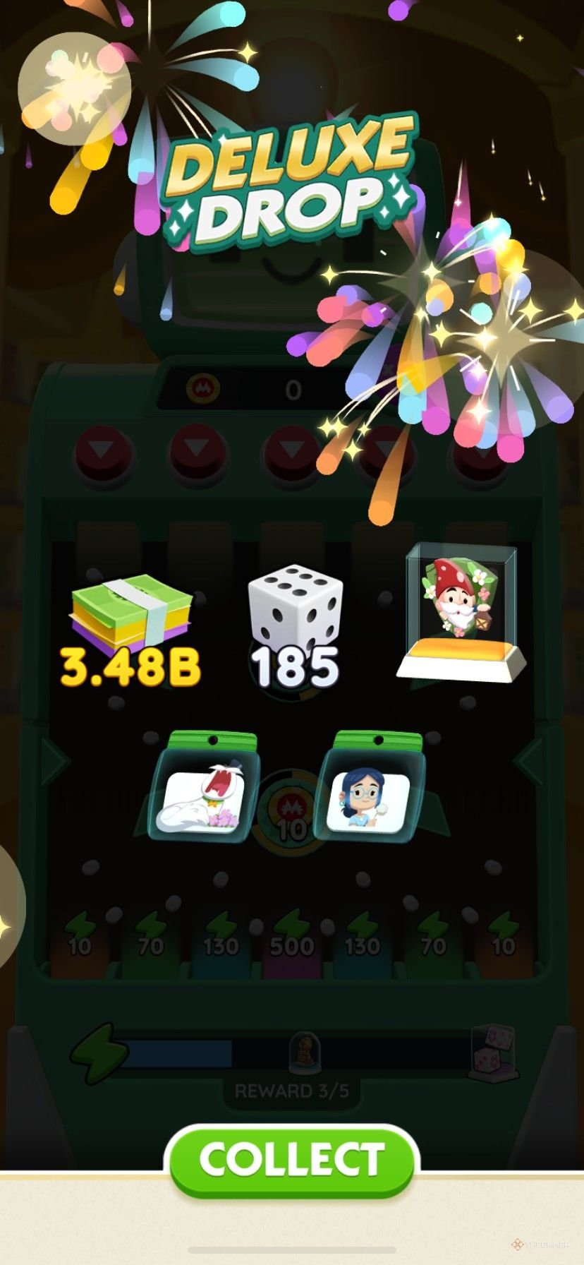 Winning prizes in Peg-E Deluxe Drop in Monopoly Go.