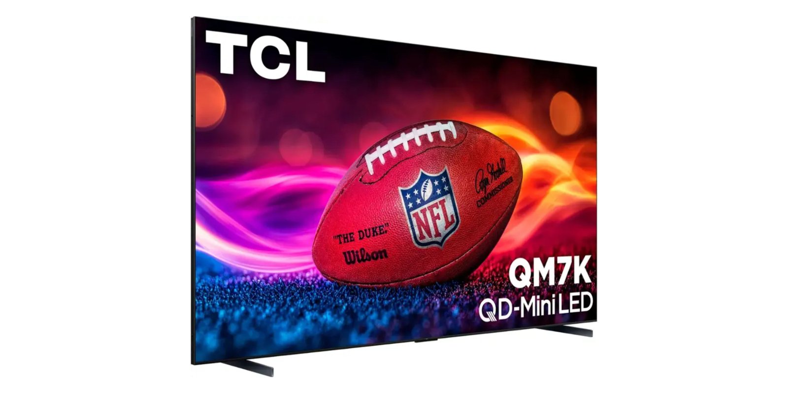 115-inch tcl 4k uhd tv with a football on the screen.