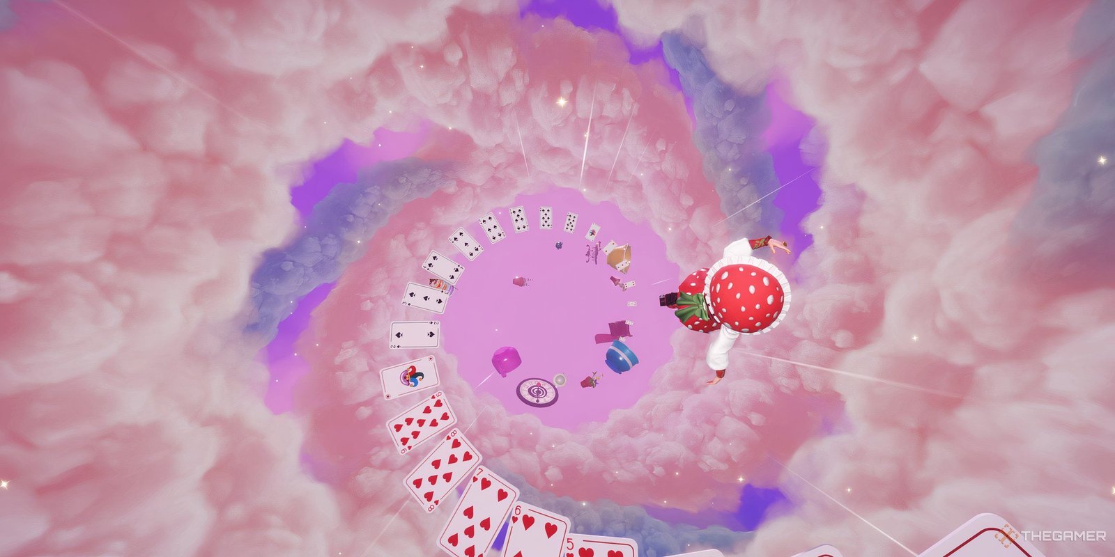 All Garden Of Whimsy Star Path Rewards In Disney Dreamlight Valley 3 The avatar falling through a whimsical rabbit hole, surrounded by playing cards.