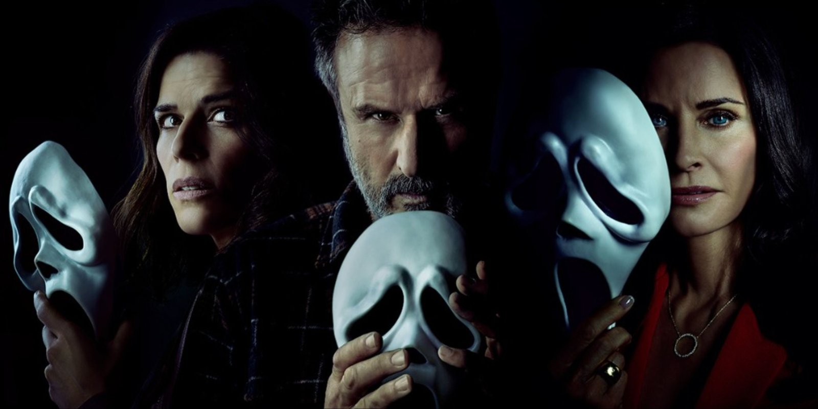 Neve Campbell, David Arquette, and Courteney Cox holding Ghostface masks on the main art for Scream 5 (2022).