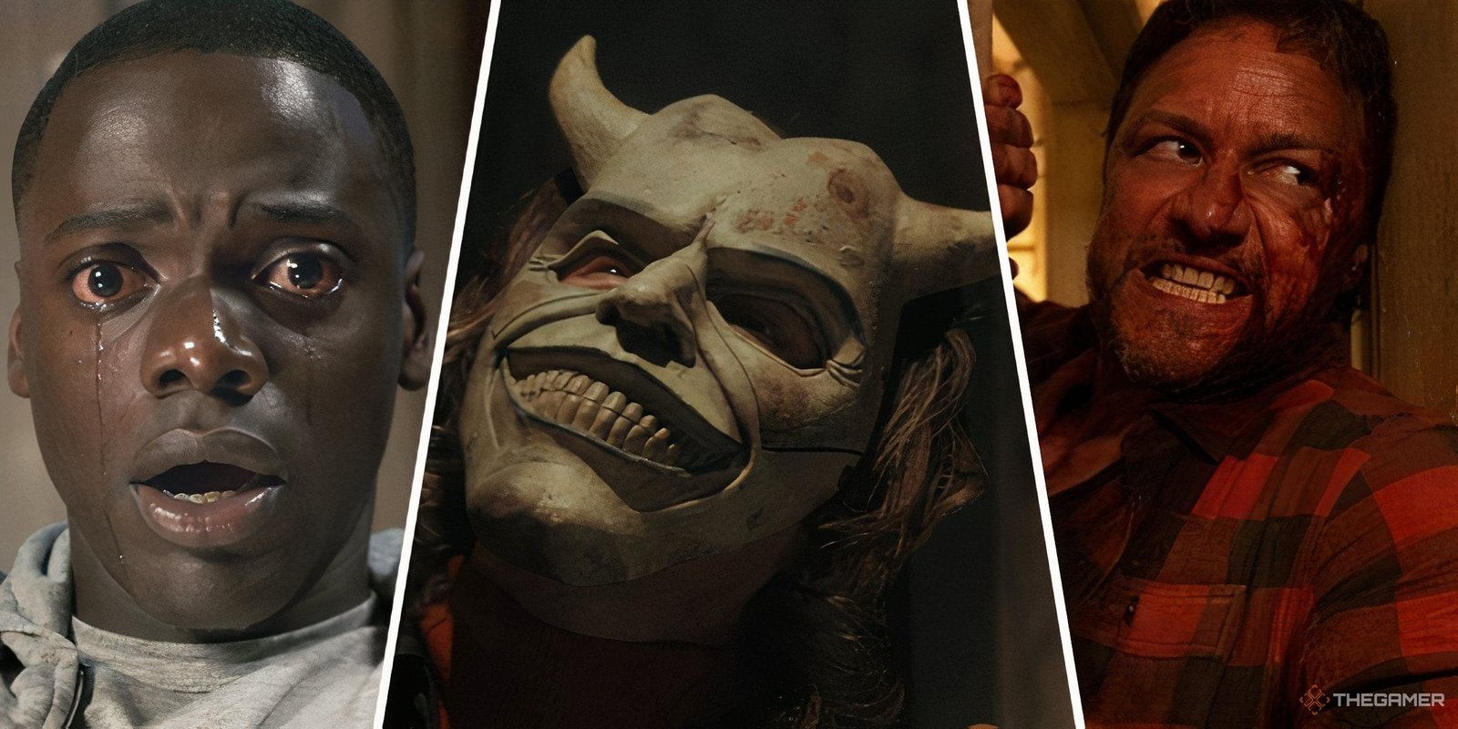 All The Horror Movies Produced By Radio Silence 1 Three-image collage of Daniel Kaluuya's character in Get Out, Ethan Hawke's character in The Black Phone, and James McAvoy's character in Speak No Evil.