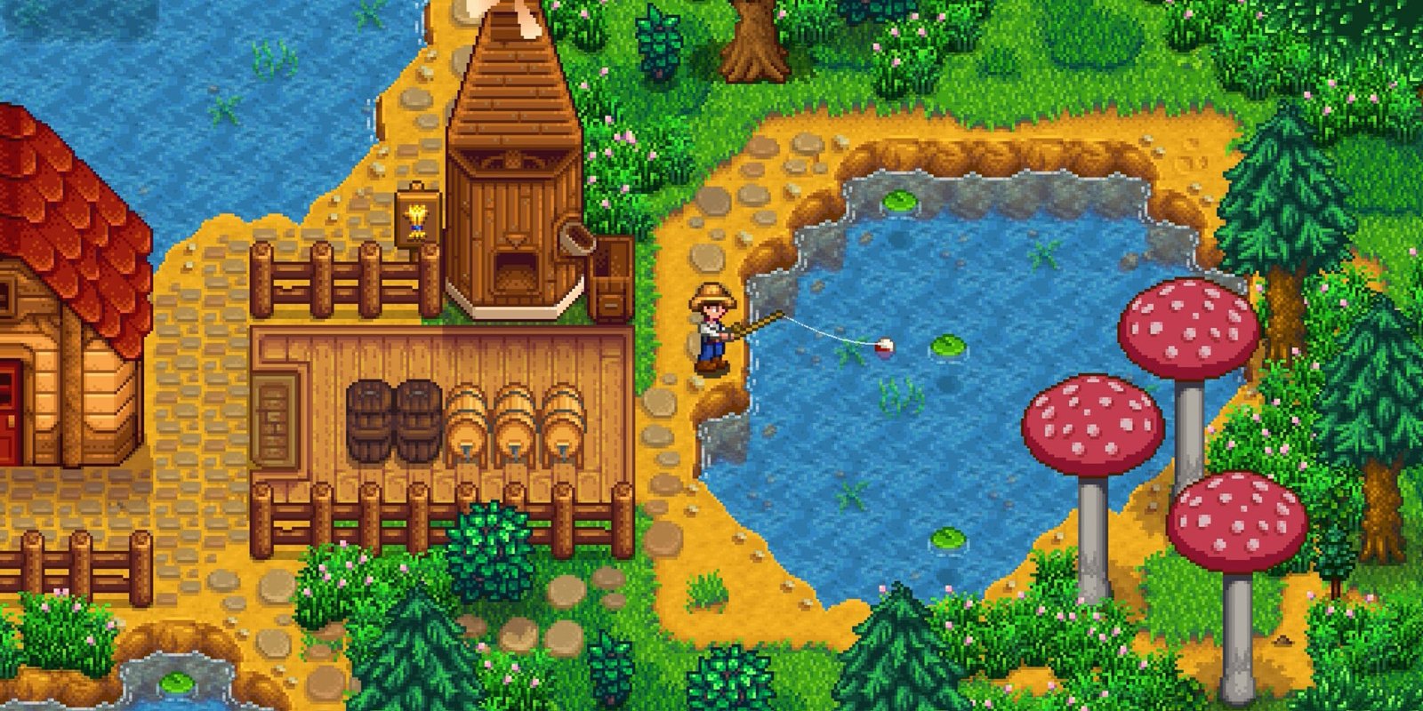 A farmer fishing in a pond in Stardew Valley.