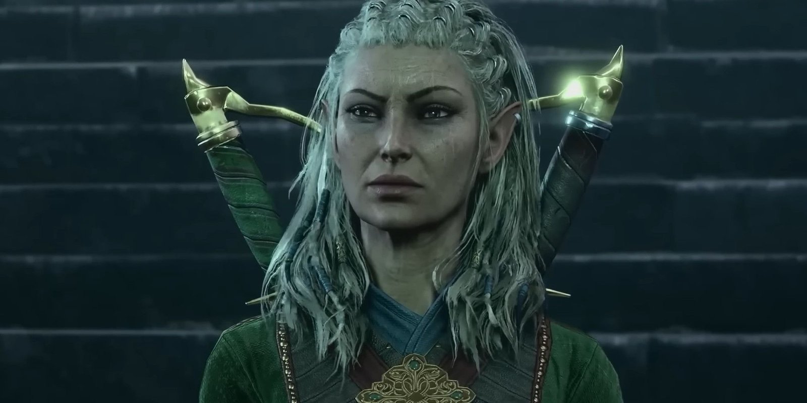 Jaheira looking at the camera with an eyebrow raised in Baldur's Gate 3.