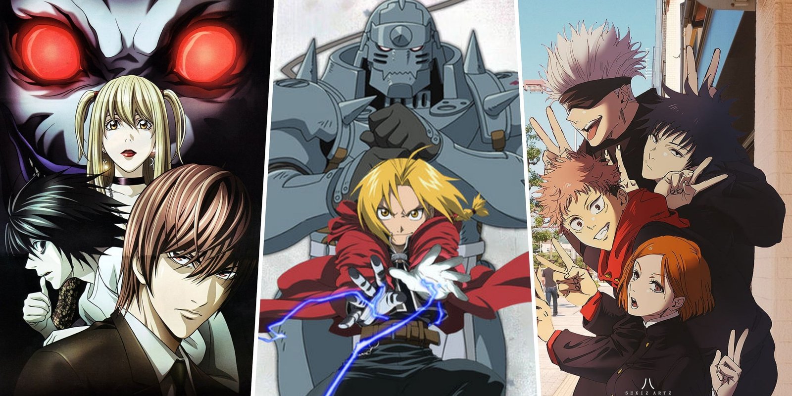 Best Anime On Netflix In 2024 9 A split image showing charachters from Death Note, Fullmetal Alchemist Brotherhood and Jujutsu Kaisen.