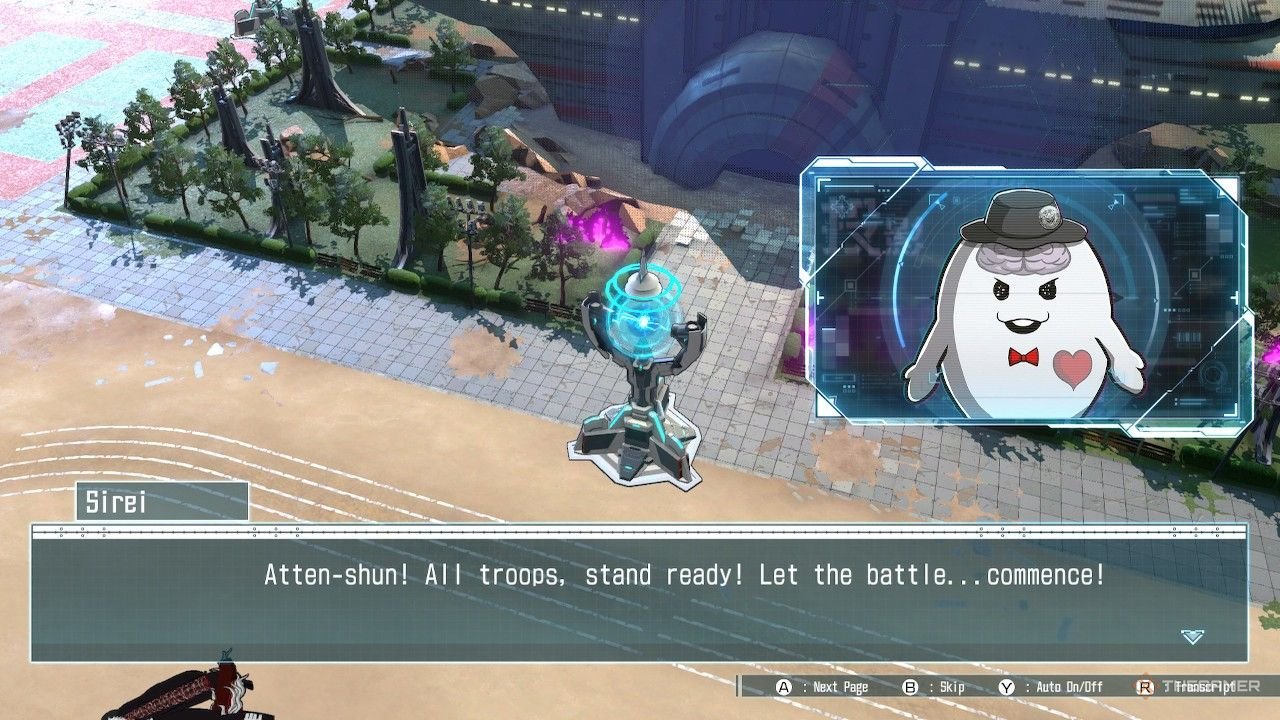Sirei calling the troops to attention focusing on the defense system in The Hundred Line Last Defense Academy.