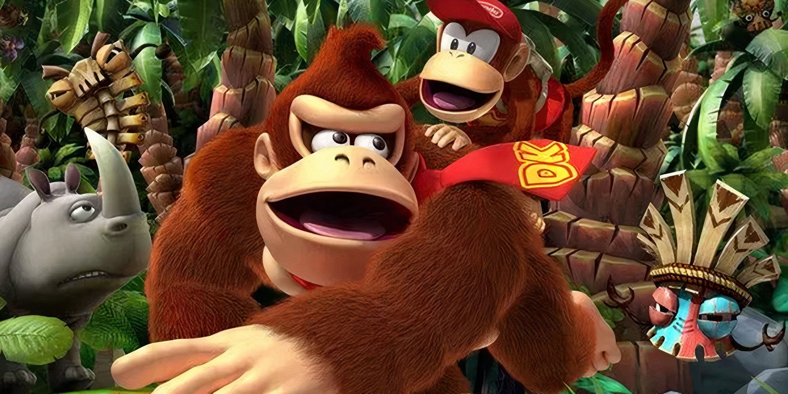 Donkey Kong Bananza Revealed For Nintendo Switch 2 1 Diddy Kong rides on Donkey Kongs back as he runs away from enemies in the jungle in cover art for Donkey Kong Country Returns HD.