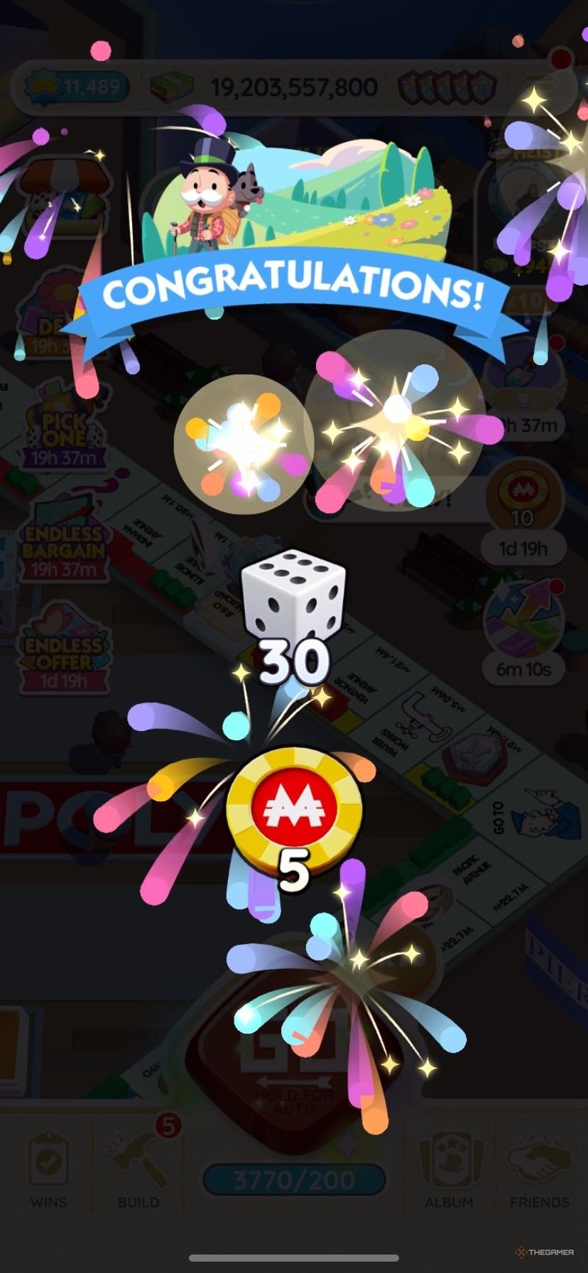 Earning five free Peg-E tokens and 30 free dice rolls in Monopoly Go.