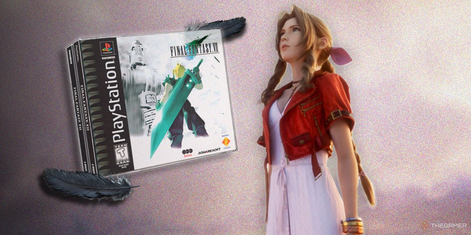 Final Fantasy 14 Fans Are Frustrated With How Quickly Cosmic Exploration Was Completed 1 Aerith next to the PS1 box of FF7 with black feathers around it