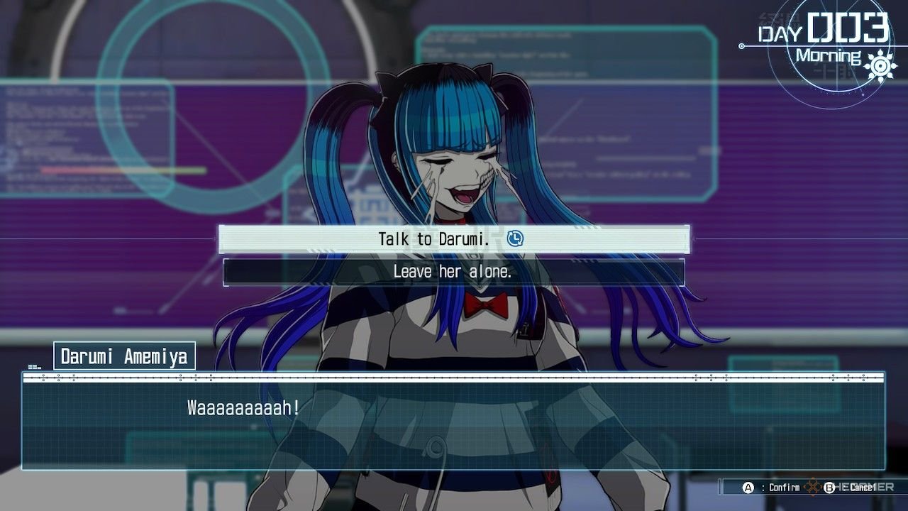 Darumi crying, and having the option to talk to her during free time in The Hundred Line Last Defense Academy.
